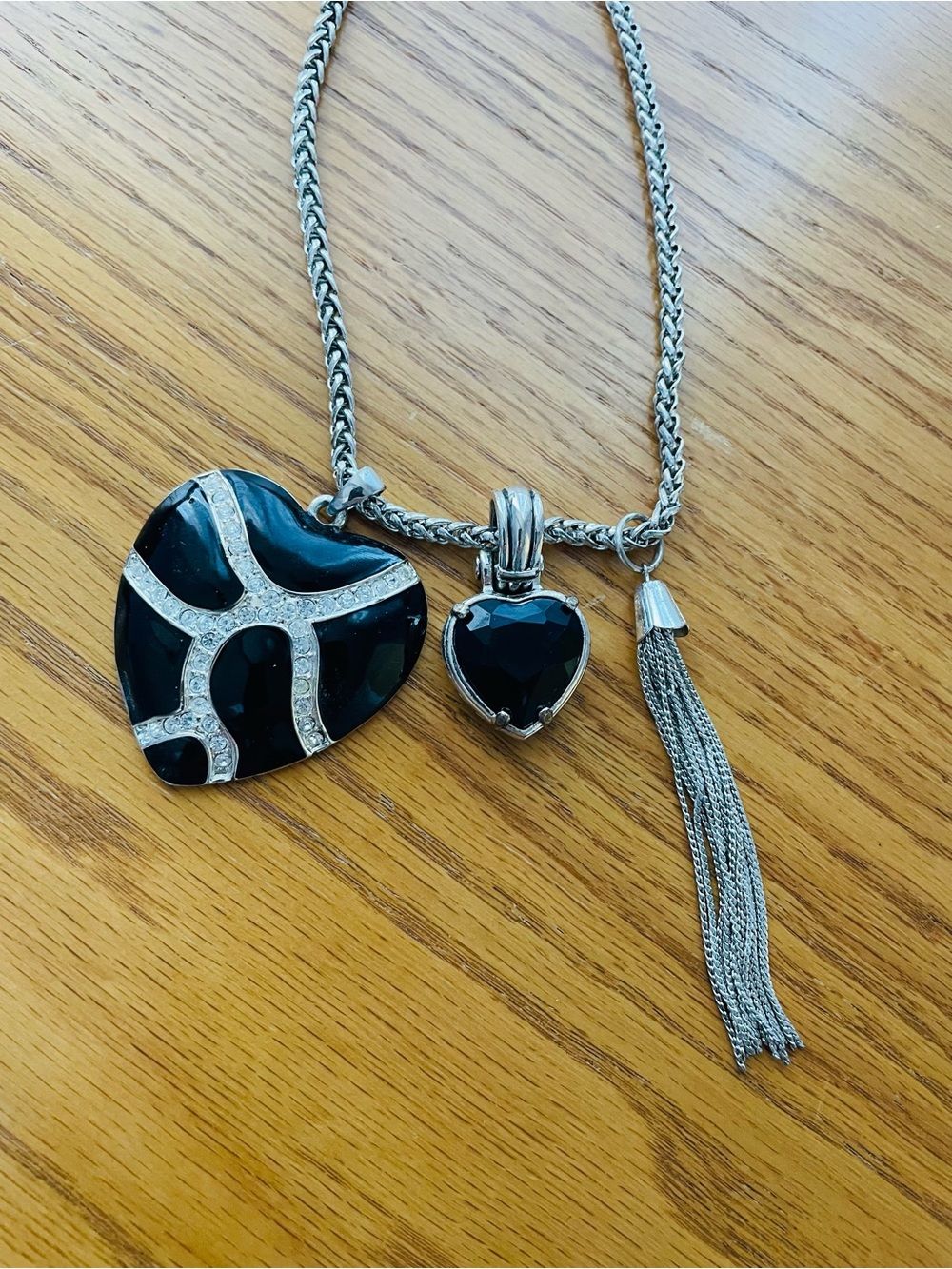 Silver Tone Long Necklace with Three Pendants